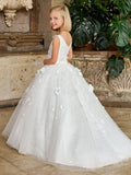Prom Birthday Party First Communion Gowns Flower Girl Dresses White Tulle Flowers With Trailing Sleeveless For Wedding