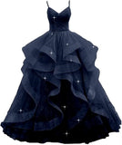 Customized V Neck Glitter Tulle Long Prom Dresses Spaghetti Straps Ball Gown For Women Puffy Tiered Formal Evening Party Dresses