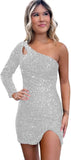 Women's One Shoulder Sequin Homecoming Dress Short Sparkly Long Sleeve Prom Party Gowns for Teens cocktail dresses