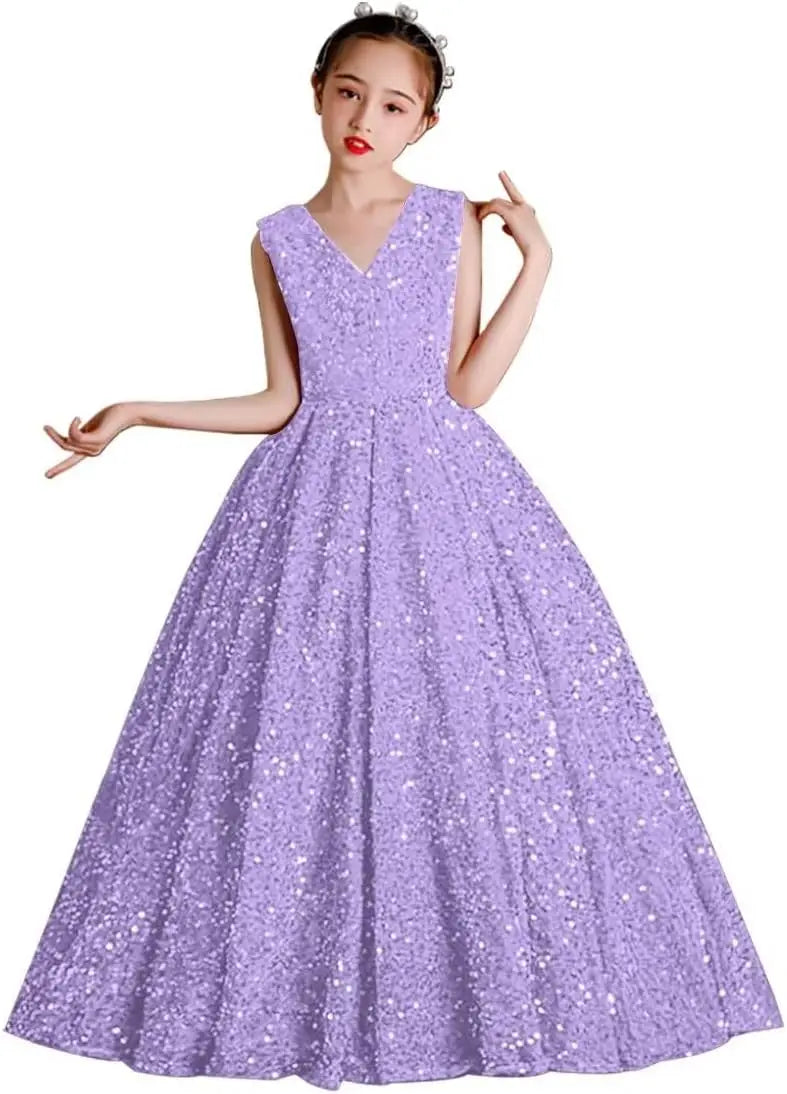 Vestidos de desfile con lentejuelas y cuello en V para niñas, vestidos de baile brillantes para niñas de las flores, vestidos de princesa para niñas pequeñas, vestido de comunión 