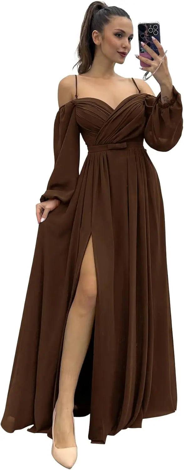 Vestido de dama de honor de manga larga para mujer, con tirantes finos, para invitada de boda, con abertura y bolsillos, vestido formal fruncido. 
