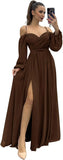 Vestido de dama de honor de manga larga para mujer, con tirantes finos, para invitada de boda, con abertura y bolsillos, vestido formal fruncido. 