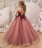 Festzugskleider für Mädchen, Spitzenapplikation, Blumenmädchenkleid, Tüll, Festzugskleid für Mädchen, lang, ärmellos, Prinzessinnen-Party-Ballkleid 