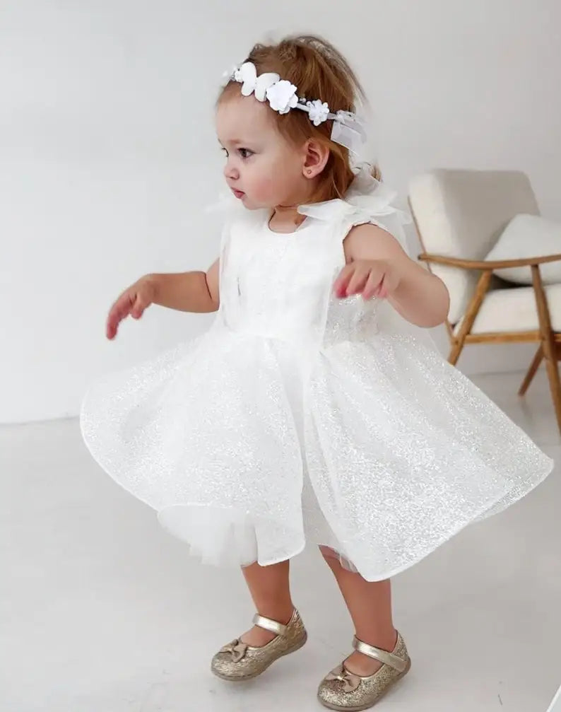 White Sparkling Flower Girl Dress Birthday Girl Dress Glitter Toddler Dress, Prom Gown, First Communion Dress, Special Occasion