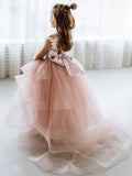 Vestido de princesa para banquete de cumpleaños, vestidos para niñas de flores, tul rosa polvoriento, apliques blancos escalonados con lazo, sin mangas para boda 