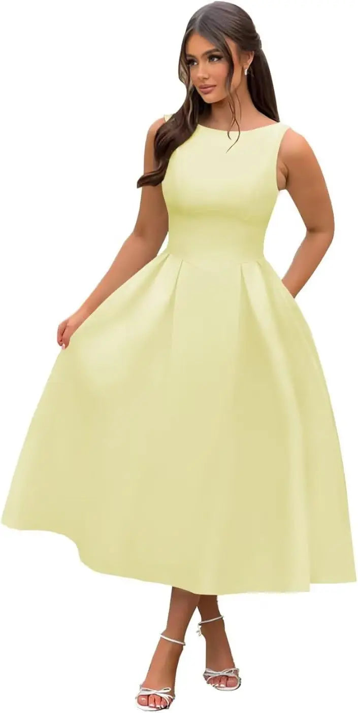Boat Neck Satin Midi Prom Dresses Tea Length Scoop Back A Line Formal Boat Neck Satin Midi Prom Dresses Tea Length Scoop Back A Line Formal