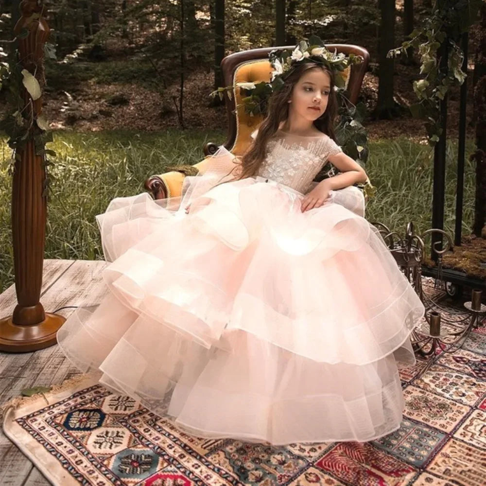 Vestidos de tul rosa con apliques blancos escalonados y sin mangas para bodas, fiestas de cumpleaños, primera comunión y niñas de las flores. 