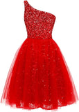 One Shoulder Sequin Homecoming Dresses Short Tulle Prom Dresses for Women A Line Princess Formal Cocktail Gown Gowns