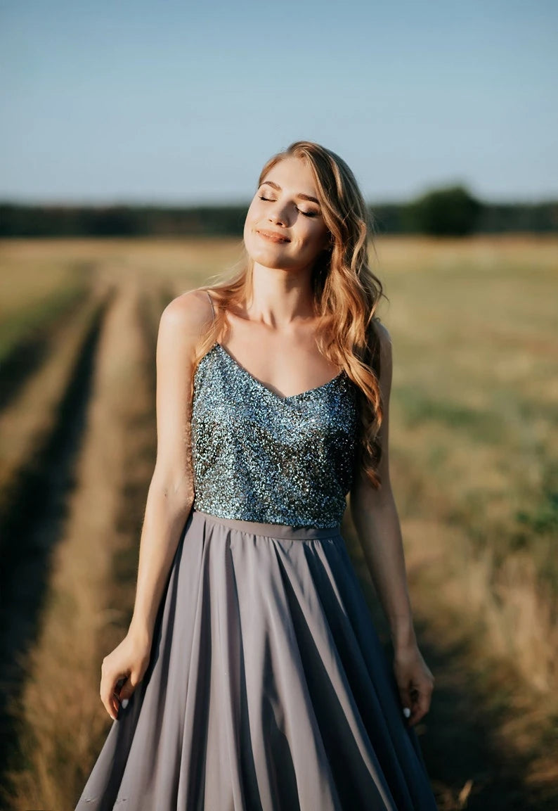 Smoke Chiffon Full Sun Flying A-line Skirt and Star Slate Grey Glitter Top available Plus Size evening party dresses