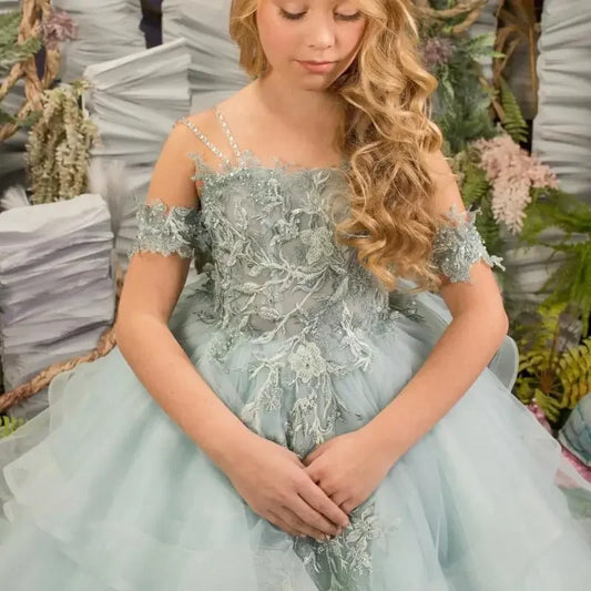 Vestidos de primera comunión elegantes y esponjosos para niña de las flores para boda, de tul con encaje y cuentas, hombros descubiertos, estilo princesa para fiesta 