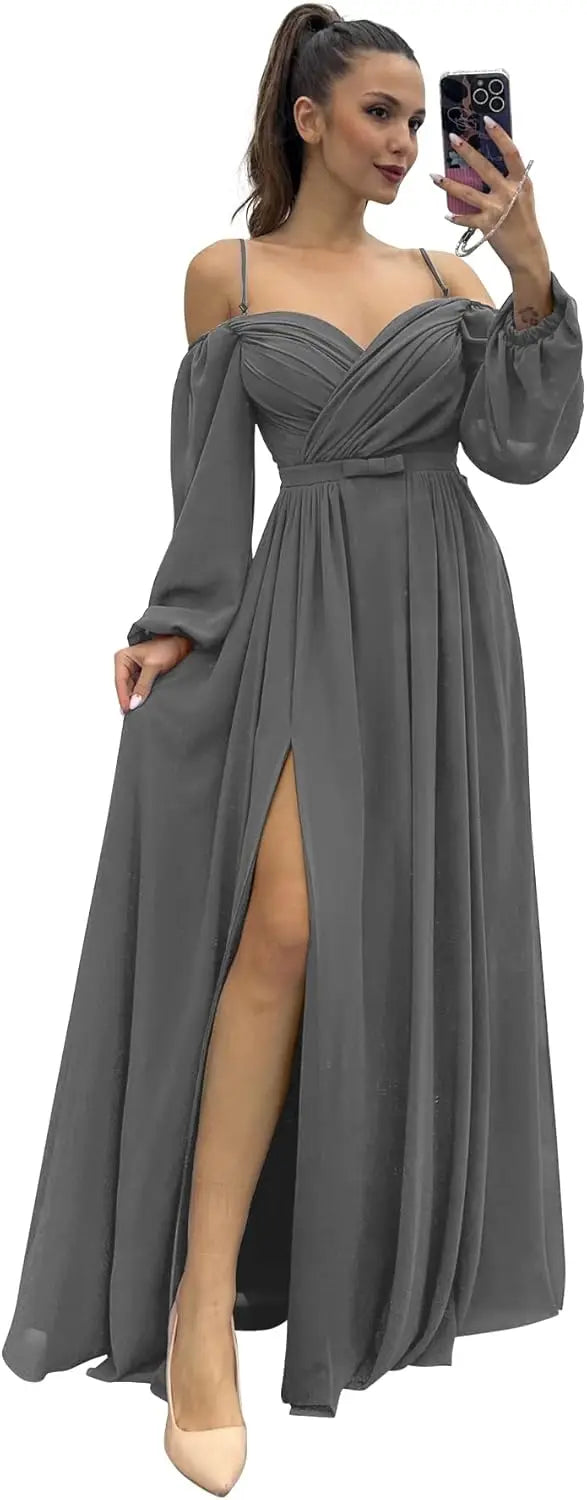 Vestido de dama de honor de manga larga para mujer, con tirantes finos, para invitada de boda, con abertura y bolsillos, vestido formal fruncido. 