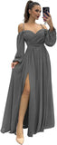 Vestido de dama de honor de manga larga para mujer, con tirantes finos, para invitada de boda, con abertura y bolsillos, vestido formal fruncido. 