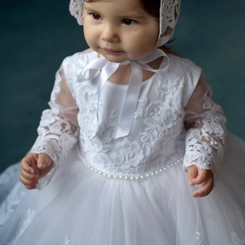 Baby Taufkleider Tüll Weiß Applikationen Mit Schleife Langarm Für Hochzeit Geburtstag Heilige Kommunion Kleider Blumenmädchenkleider 