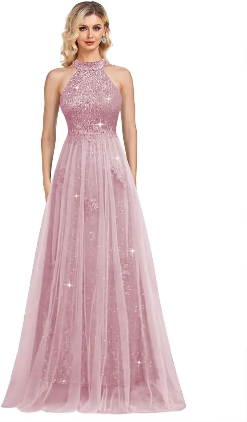 Vestidos de fiesta de lentejuelas con cuello halter y flores, hechos a medida, 2025, de tul brillante, corte A, para boda, fiesta formal de noche 