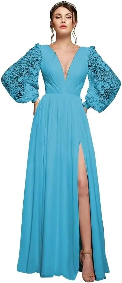 Langärmliges Brautjungfernkleid, Chiffon, Ballkleid, langes Hochzeitskleid mit Spitzenapplikation, V-Ausschnitt, formelle Kleider mit Schlitz 