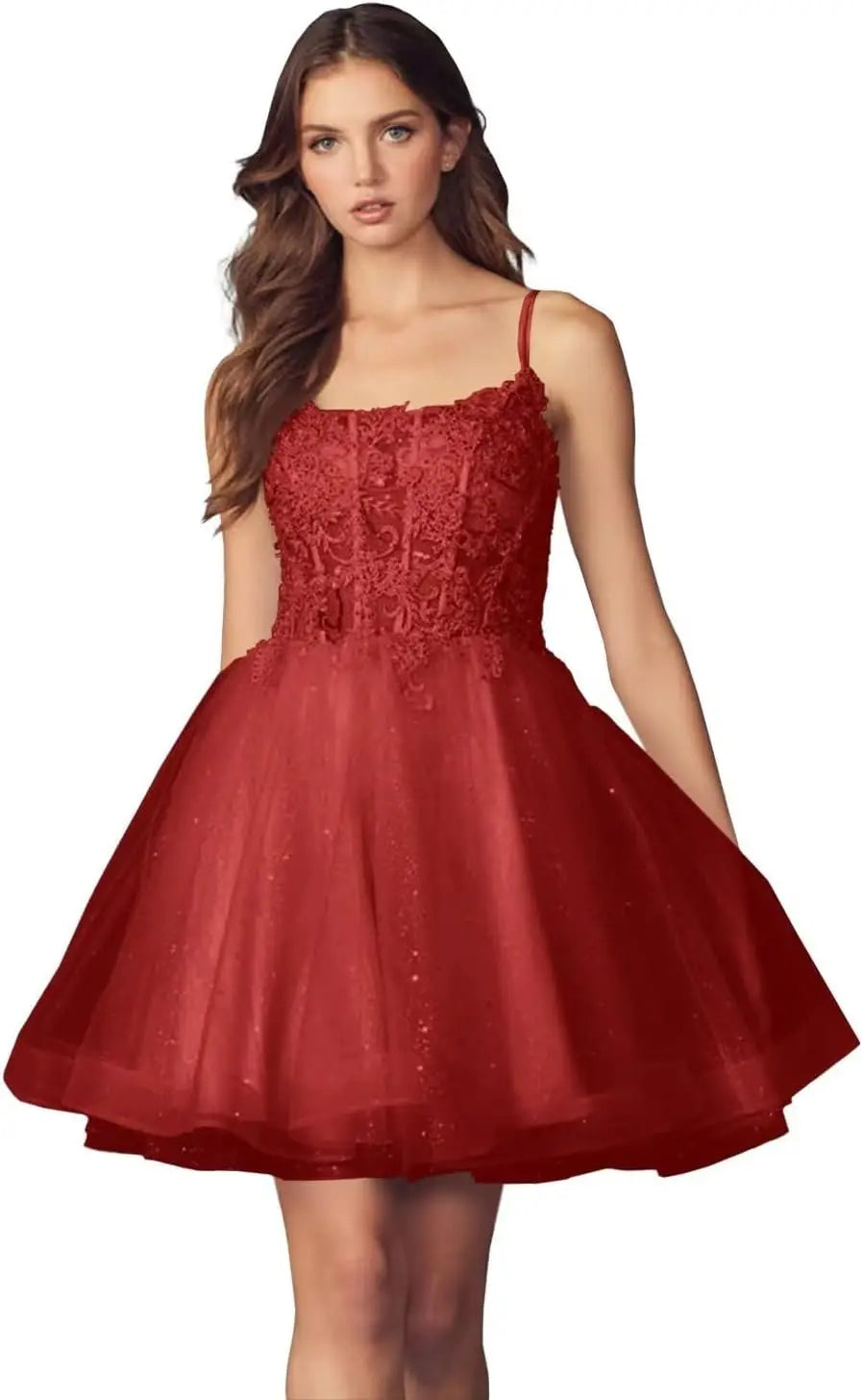 Kurzes Homecoming-Kleid mit Spitzenapplikationen aus Tüll für Teenager mit Spaghettiträgern, Cocktail-, Abschlussball- und Partykleider 