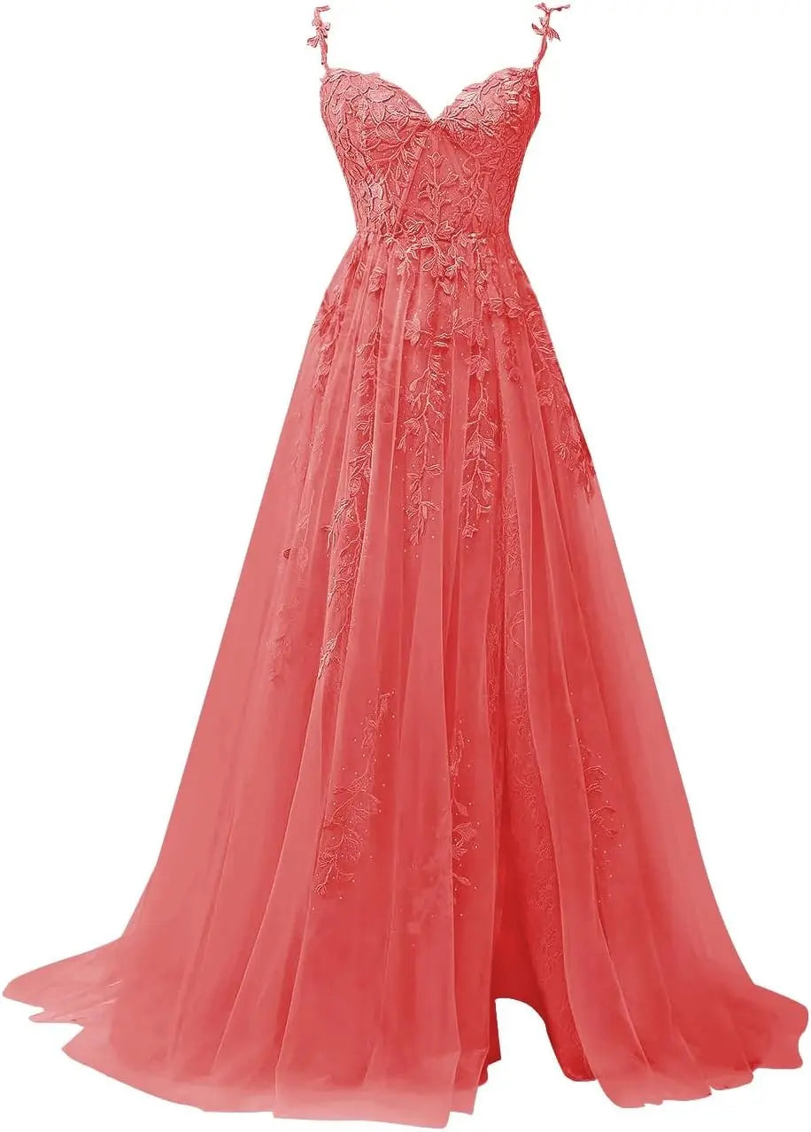 Vestidos de fiesta con apliques de encaje hechos a medida para adolescentes, vestidos largos de tul con abertura, vestidos de noche formales, vestidos de fiesta de boda 