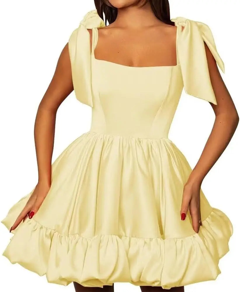 Women’s A-line Puffy Straps Sleeveless Formal Party Gown Teens Satin Short Homecoming Cocktails Dress