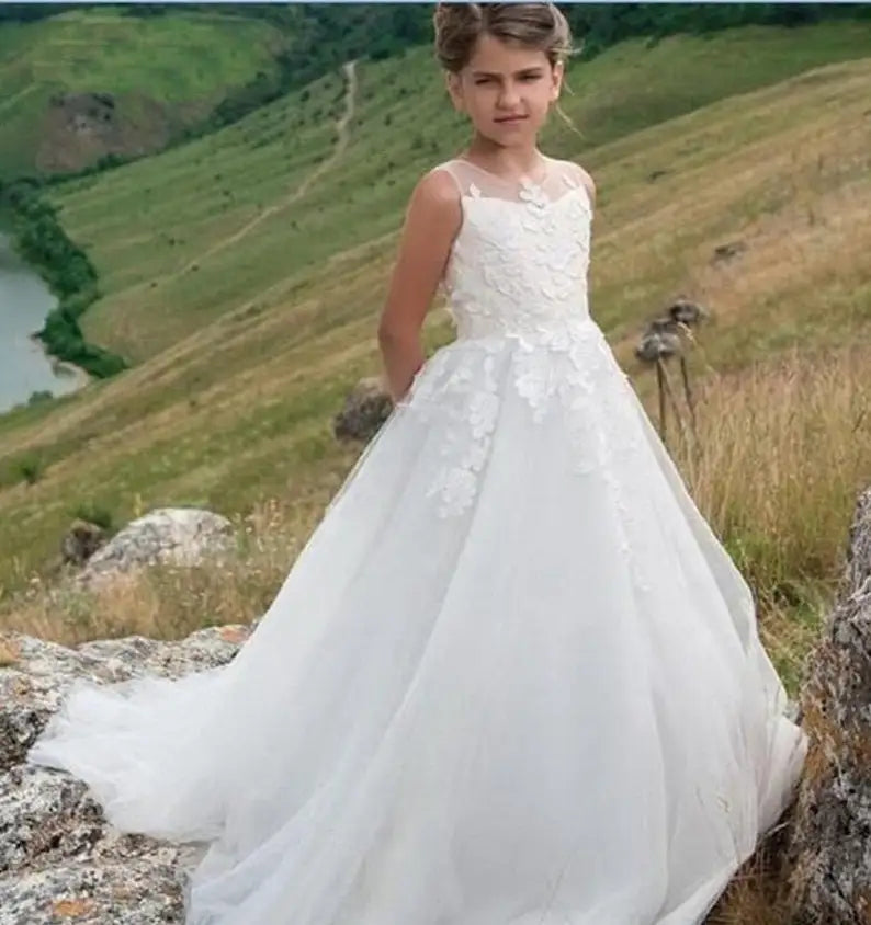 Langes elfenbeinfarbenes Blumenmädchenkleid, bodenlanges Kinderkleid, Spitzen-Tüllrock, Erstkommunionkleid, Ballkleid mit Applikationen 