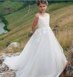 Langes elfenbeinfarbenes Blumenmädchenkleid, bodenlanges Kinderkleid, Spitzen-Tüllrock, Erstkommunionkleid, Ballkleid mit Applikationen 
