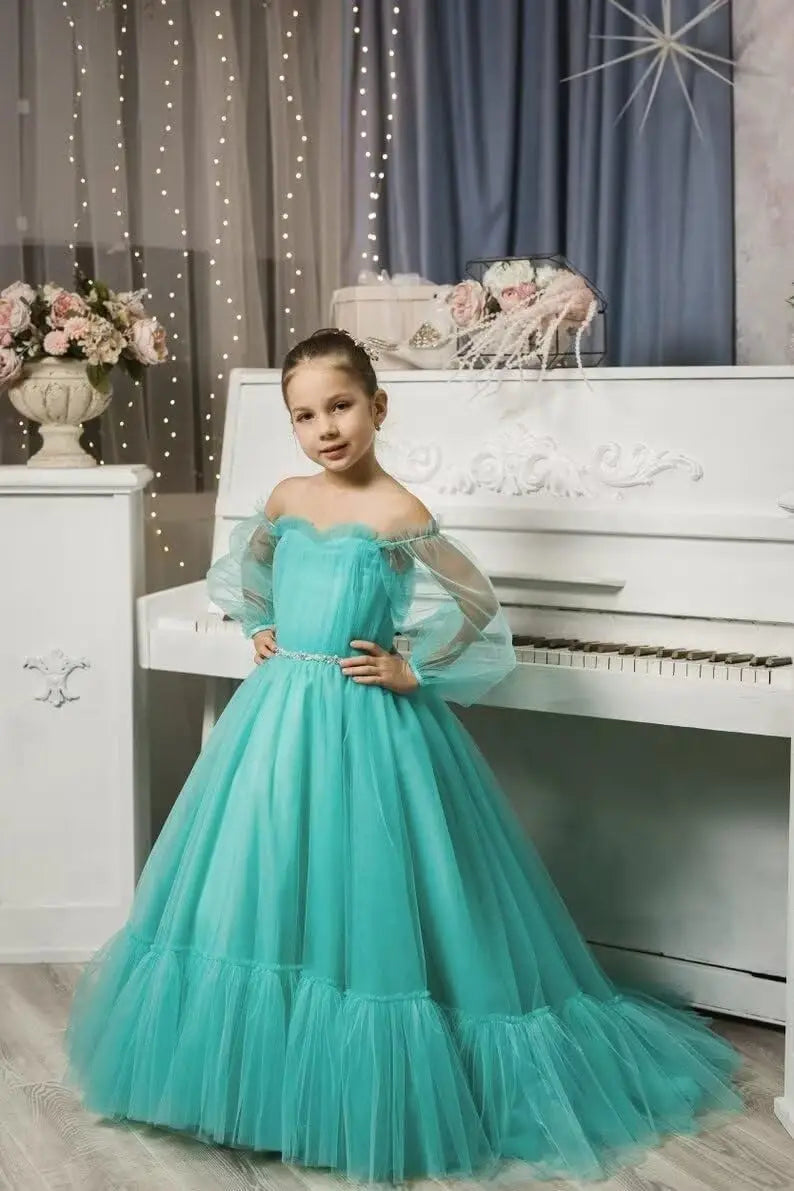 Vestidos de niña de las flores con mangas abullonadas para boda, vestidos de desfile de tul con hombros descubiertos, vestido de línea A para niña pequeña con cinturón, vestido para niña bebé 