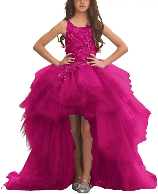 Blumenmädchenkleid für Mädchen, hoch und niedrig, Festzugskleider, gestufte Tüllapplikationen, Prinzessin, formelle Party, Ballkleid, Festzug für Mädchen 