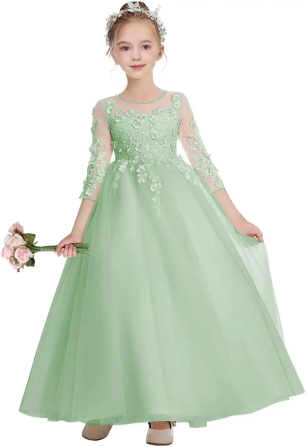 Elegantes Blumenmädchenkleid aus Tüll in A-Linie mit Applikationen, Erstkommunionkleider mit Ärmeln, Festzugs-Prinzessinnen-Partykleider 