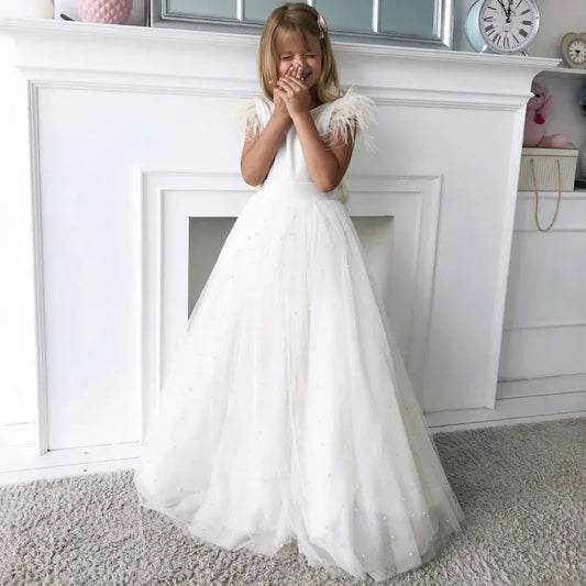 White Tulle Pearls With Bow Feather Sleeveless For Wedding Birthday Party Holy Communion Gowns Customized Flower Girl Dresses