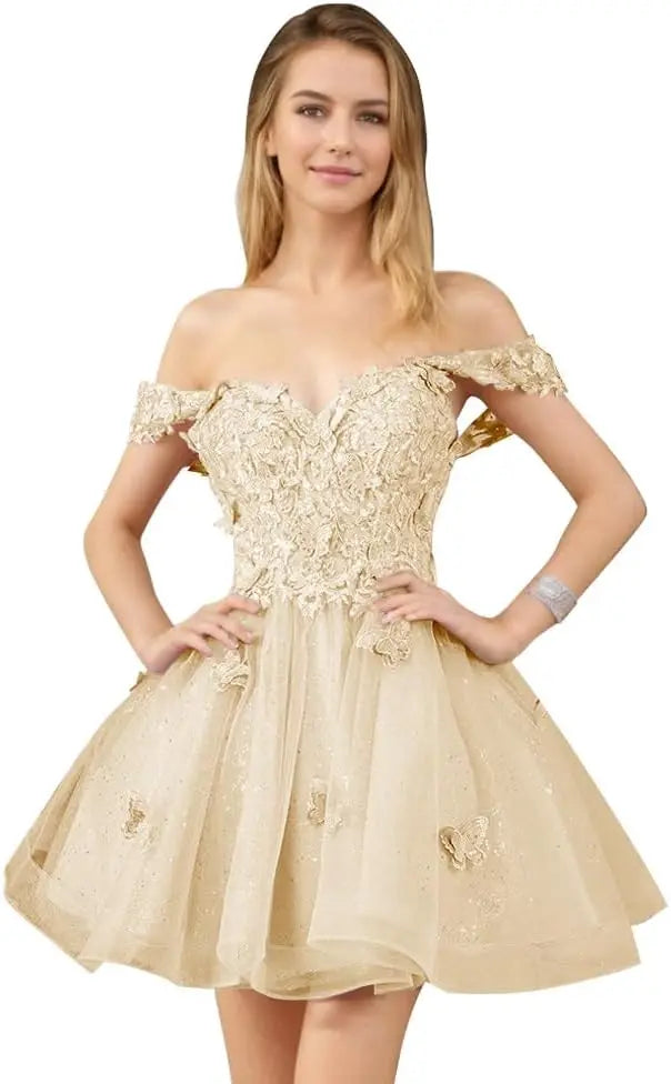 Glitter Tulle Appliques Homecoming Dresses for Teens Beaded Off Shoulder Short Prom Dresses Lace Cocktail Mini Dress Club Gowns