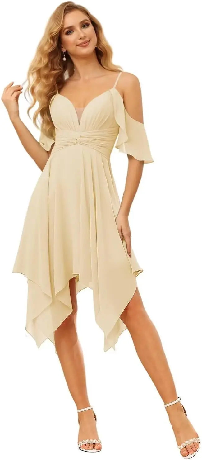 Women's Off Shoulder Chiffon Junior Bridesmaid Dresses Short Pockets Ruffle A Line Formal Dresses with Slit Wedding Party Gown