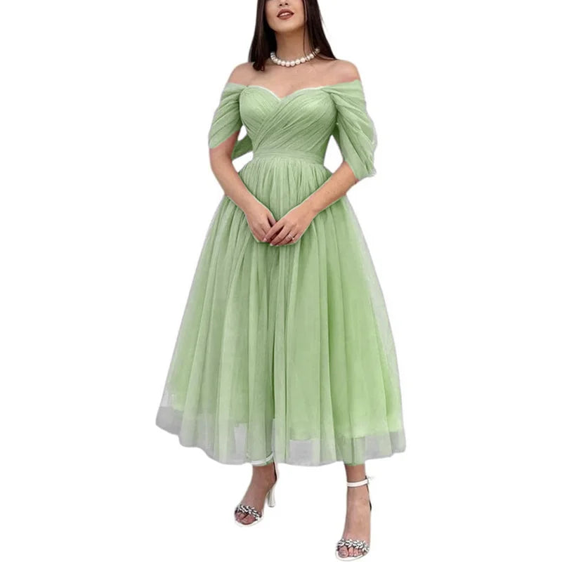 Tulle Sweetheart A-line Evening Dresses Off the Shoulder Tea-Length Formal Dress With Pleats & Bow Elegant Lace Up Prom Gowns