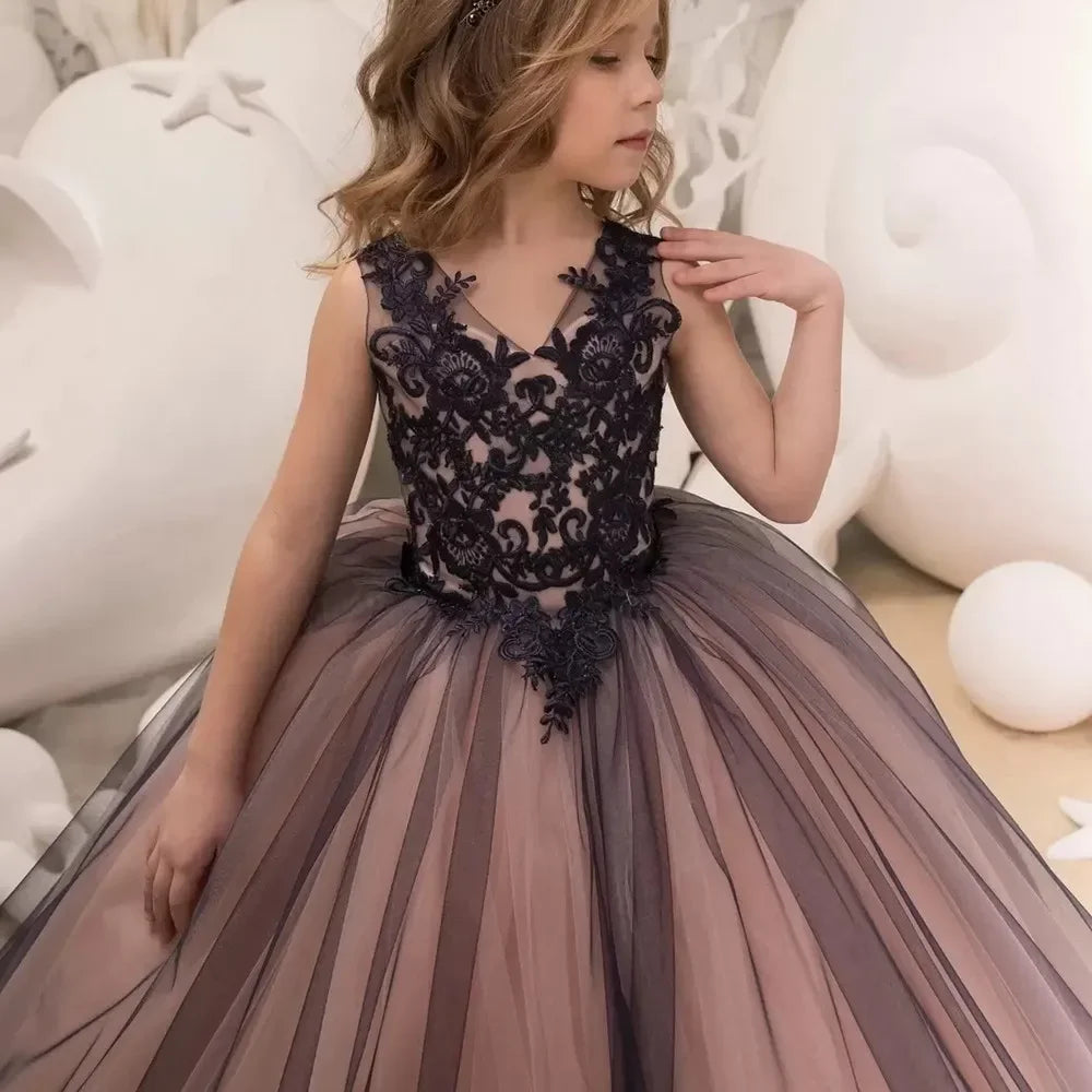 Pageant Birthday Photoshoot First Communion Customize V-Neck Flower Girl Dress for Wedding Lace Tulle Formal Occasion Party