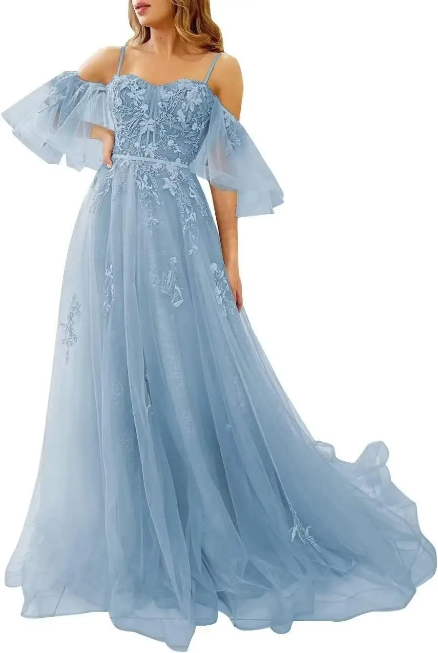 Lace Applique Tulle Prom Dresses Off Shoulder Puffy Sleeves Wedding Dress Long Women Sweetheart A Line Evening Gowns
