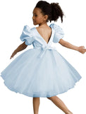 Vestidos de tul con mangas abullonadas para niña de las flores, para bodas, cumpleaños, fiestas, satén y tul con lazo. 