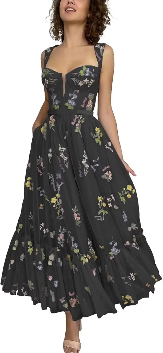 Custom Made Women's Flower Embroidery Tulle Prom Dresses Tea Length Corset A Line Fairy Formal Evening Party Gown Bridesmaid