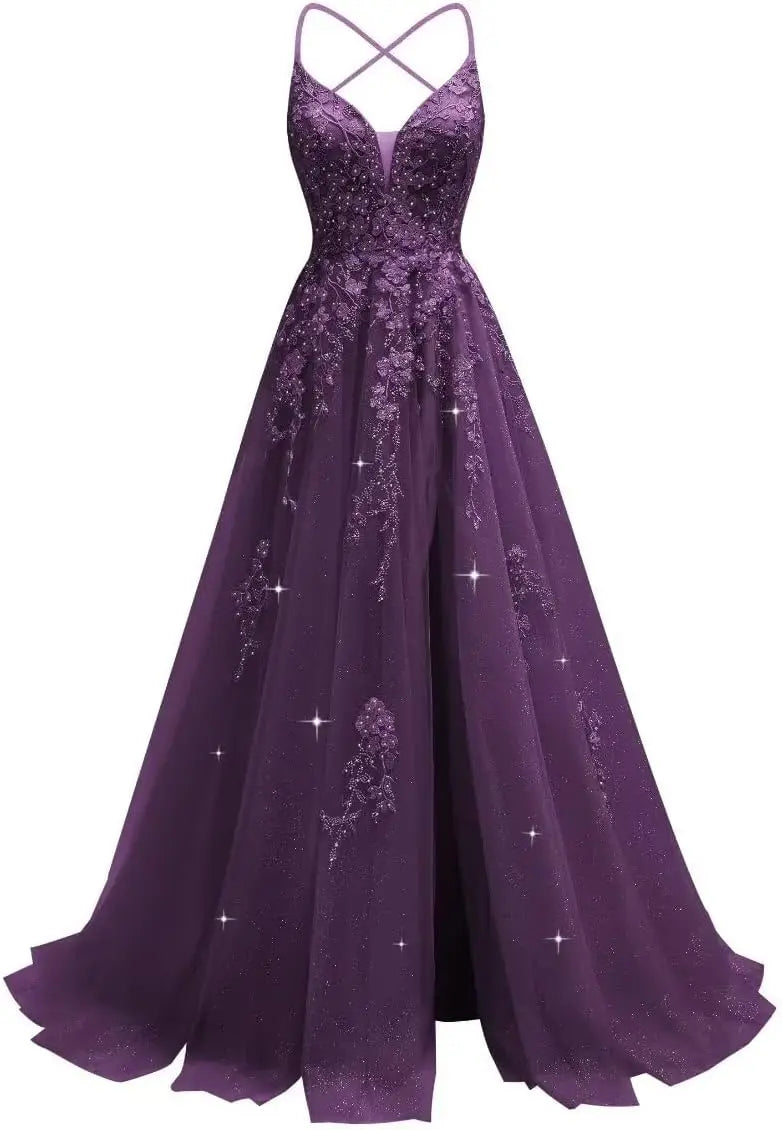 Tüll-Spitzen-Applikationen, Ballkleid, langes Ballkleid für Damen, Spaghettiträger, Korsett, rückenfreies Abendkleid 