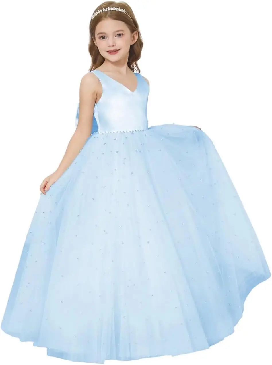 Elegant Flower Girl Dress Satin Tulle Princess Pageant Dresses for Girls Pearl Beads Wedding Maxi Gown girls party dress