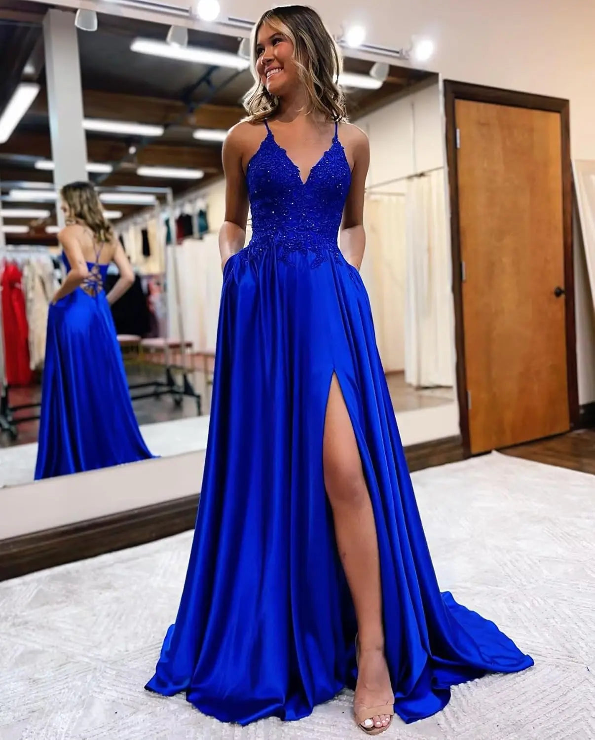 Spaghetti Strap Sequin Applique Prom Dresses with Slit A-Line Long Satin Sparkly Formal Evening Party Gowns party dress