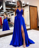 Spaghetti Strap Sequin Applique Prom Dresses with Slit A-Line Long Satin Sparkly Formal Evening Party Gowns party dress