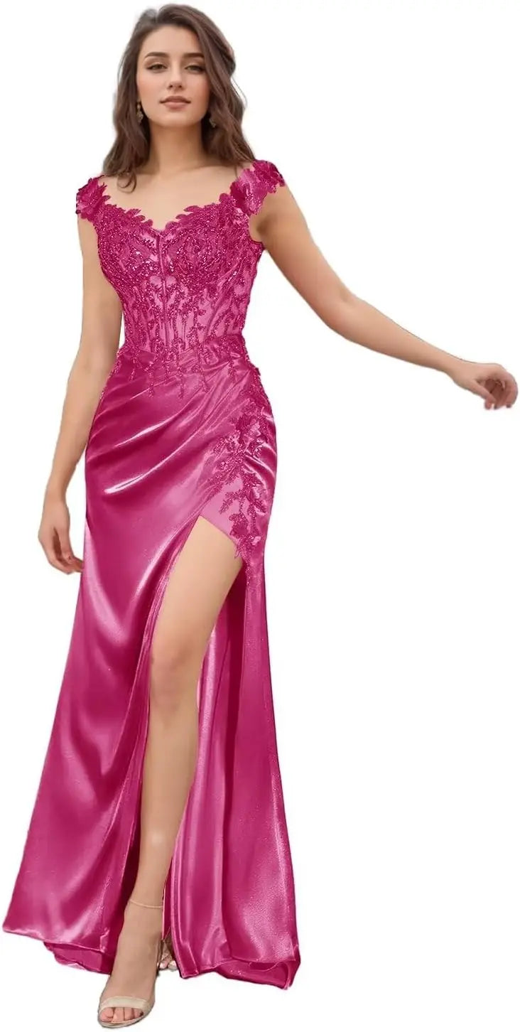 Elegant Satin Prom Dresses for Women Long 2025 3D Flower Lace Applique Off Shoulder Formal Evening Wedding Party Gown with Slit