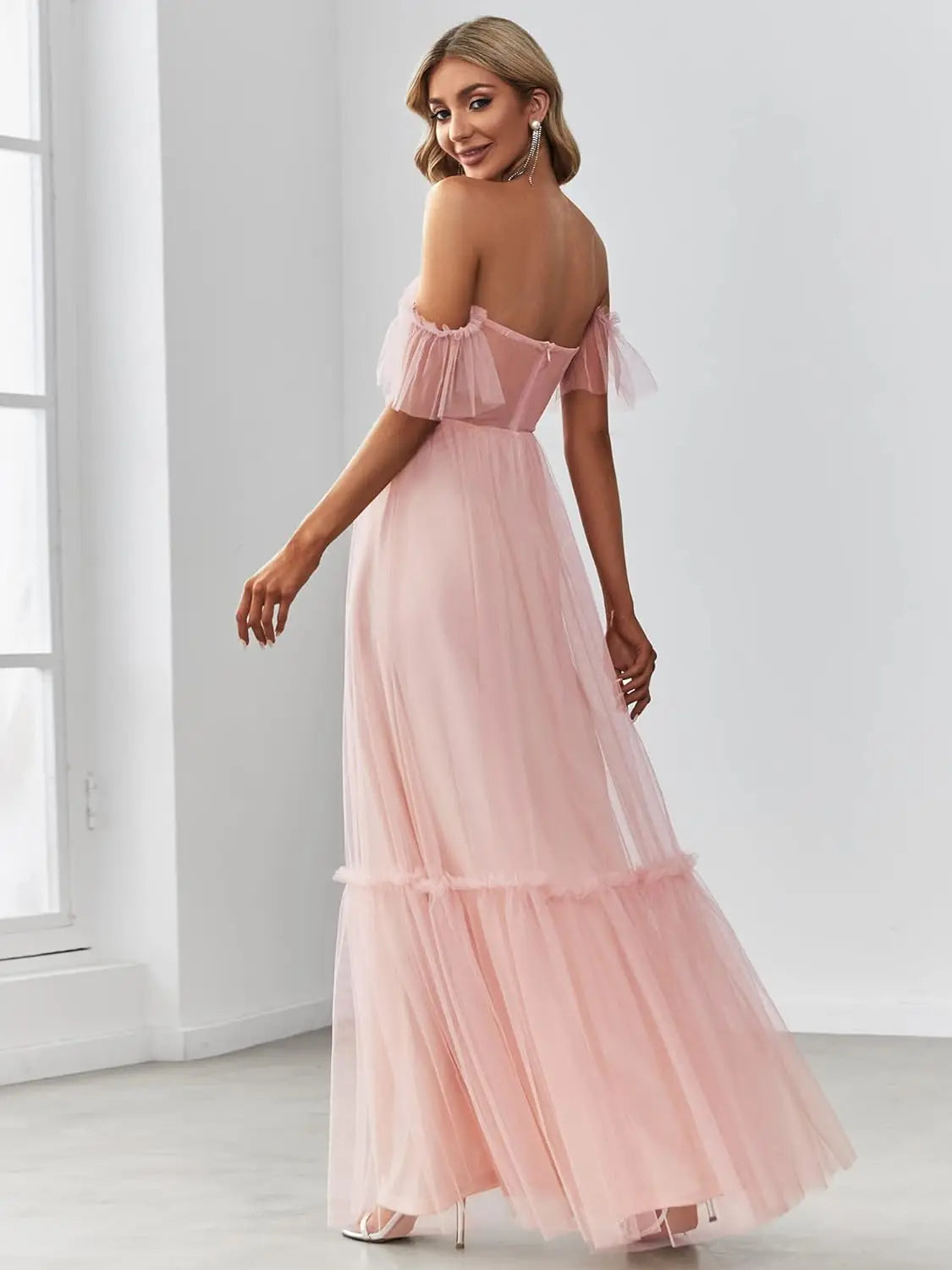 Women's Formal Dress Sweetheart Off-Shoulder Ruched Tulle Maxi Bridesmaid Dresses elegant dress women for wedding party