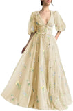 Women's Long Sleeve Flower Embroidery Tulle Prom Dresses Maxi A Line V Neck Fairy Formal Evening Party Gown Bridesmaid Dresses