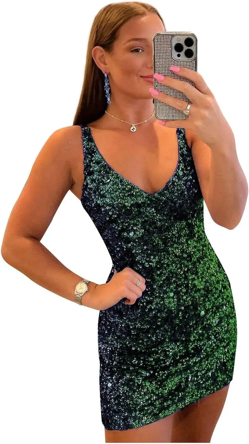 Kurze Pailletten-Heimkehrkleider für Teenager 2025 V-Ausschnitt funkelndes formelles Abschlussball-Partykleid Cocktailkleider Abschlussballkleider 