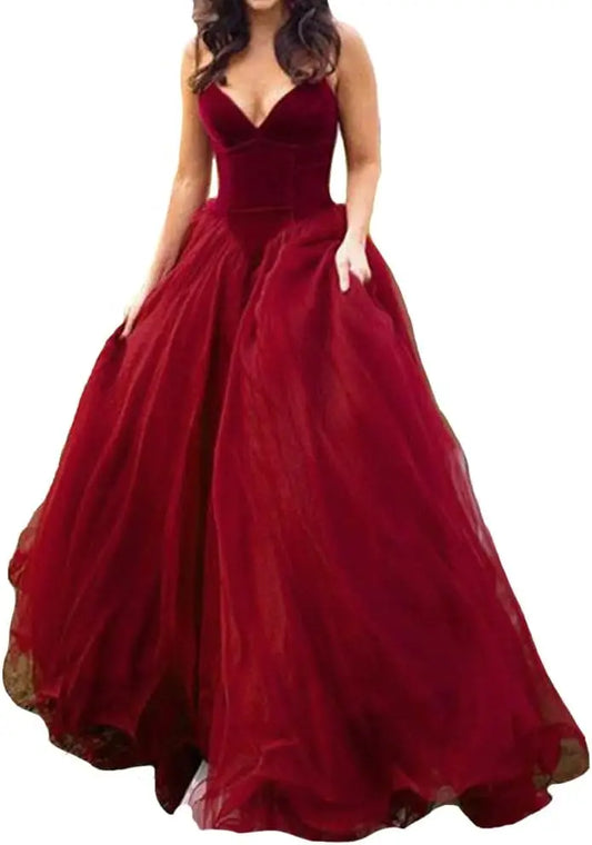 Vestido largo de franela con escote en V, terciopelo y tul, con corsé, para fiesta de noche formal, vestido formal elegante para mujer 