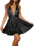 Vestido de lentejuelas para mujer, con tirantes finos, sexy, escote en V profundo, sin espalda, con purpurina, para fiesta, club, estilo patinador, minivestido de cóctel 