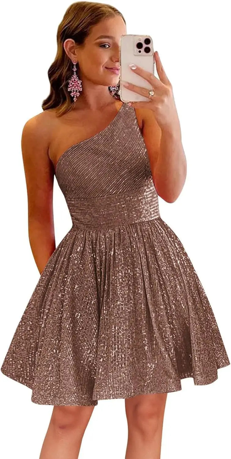 Vestido de fiesta corto con lentejuelas y un hombro brillante para mujeres y niñas. 