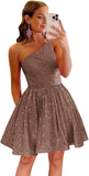 Vestido de fiesta corto con lentejuelas y un hombro brillante para mujeres y niñas. 
