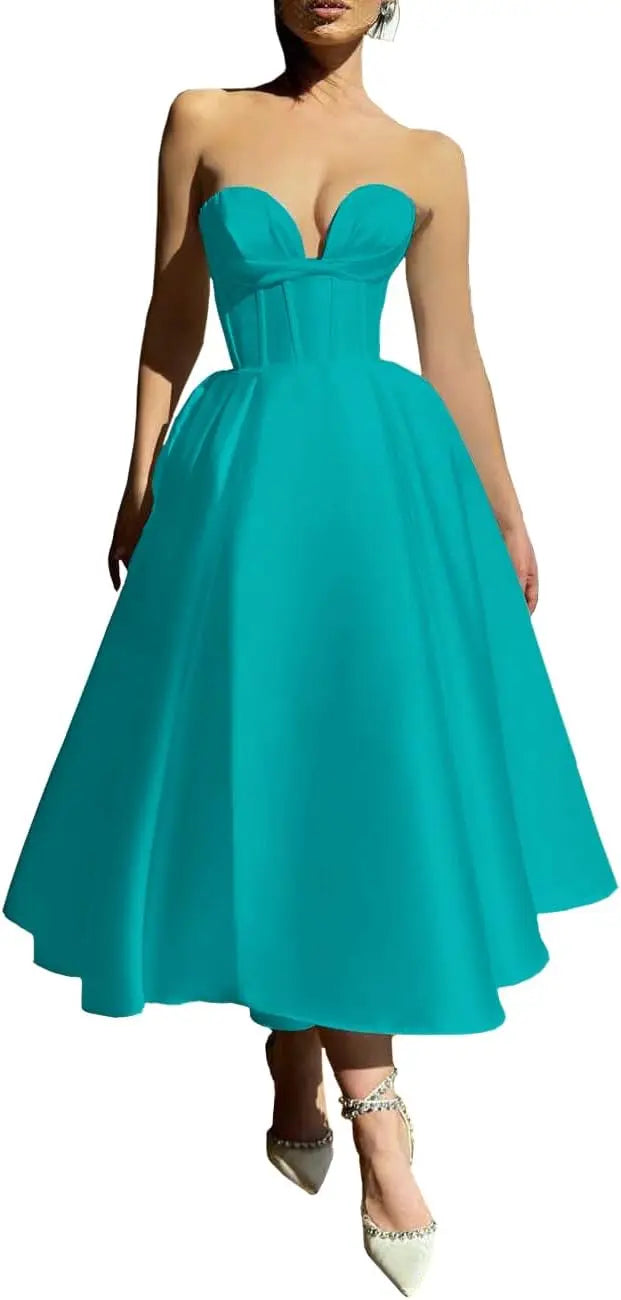 Strapless Prom Dresses 2025 Sweetheart Satin Tea Length Puffy Party Dresses for Women simple wedding dress short wedding dress