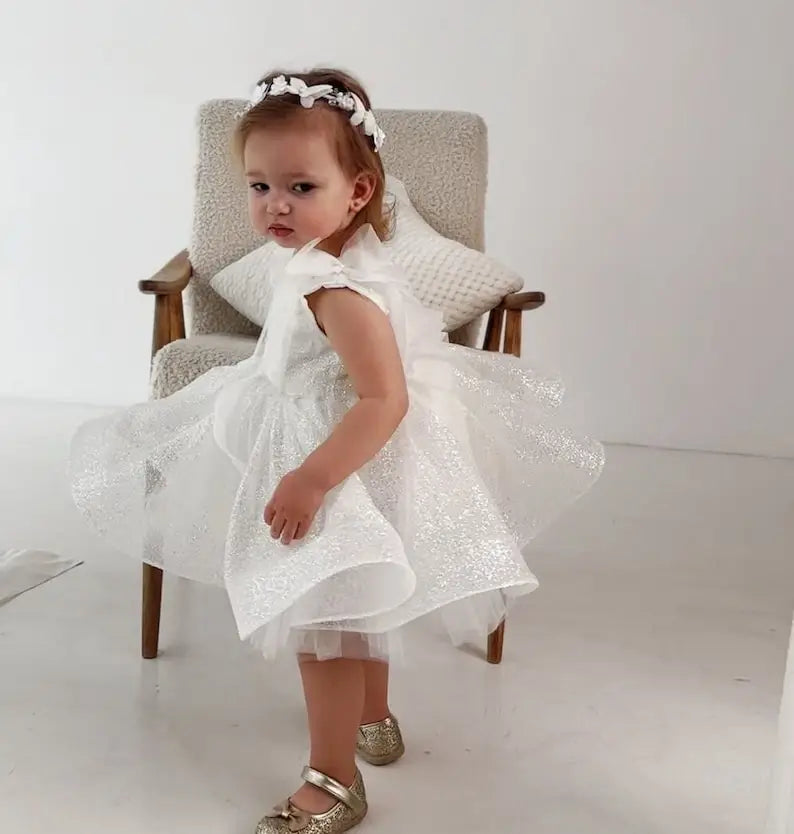 White Sparkling Flower Girl Dress Birthday Girl Dress Glitter Toddler Dress, Prom Gown, First Communion Dress, Special Occasion