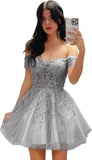 Hübsches kurzes Heimkehrkleid mit Spitzenapplikation für Teenager, glitzernder Tüll, schulterfrei, formelles Abschlussball-Cocktailkleid, Clubkleid 